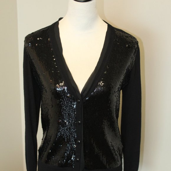 Jones New York, Wool Blend Faux Fur Sequin Button Front Black Sweater, PS - Picture 9 of 11